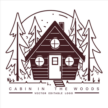 Wood cabin logo template. Cabin in the woods vector illustration. Cabin rentals logo. Chalet in the forest stickerのイラスト素材