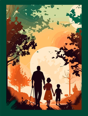 Happy family walking in the park. poster in retro style. vector illustration.のイラスト素材