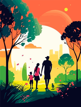 Happy family walking in the park. poster in retro style. vector illustration.のイラスト素材