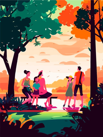 Happy family walking in the park. poster in retro style. vector illustration.のイラスト素材