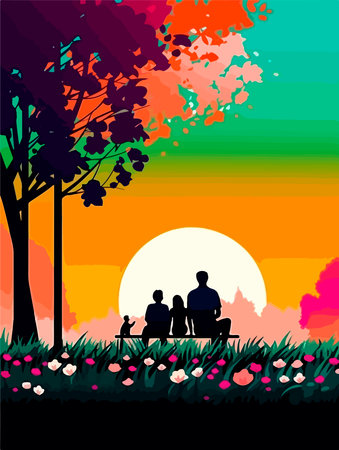 Happy family walking in the park. poster in retro style. vector illustration.のイラスト素材