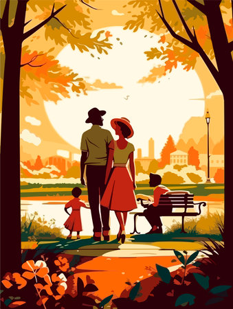 Happy family walking in the park. poster in retro style. vector illustration.のイラスト素材