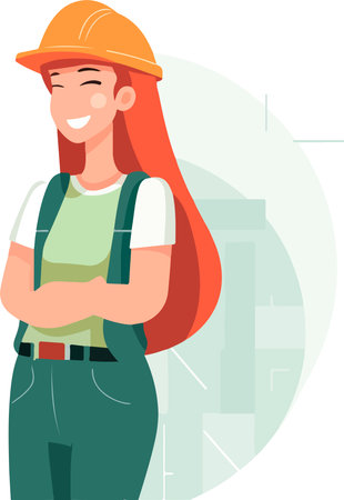 Cute young constructor woman in hard hat and uniform. vector illustrations.のイラスト素材
