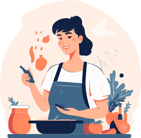 Young woman cooking in the kitchen. Health food. Healthy lifestyle. Cooking at home. vector illustrations.のイラスト素材