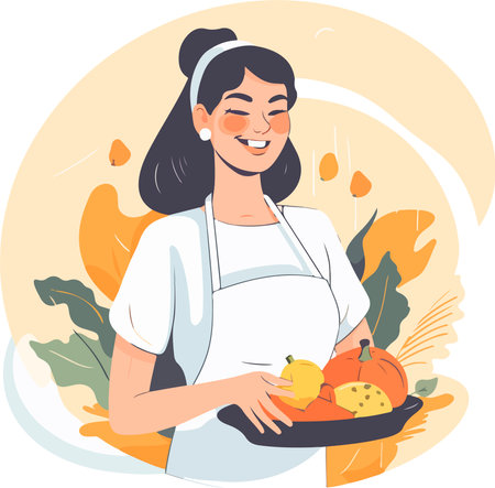 Young woman cooking in the kitchen. Health food. Healthy lifestyle. Cooking at home. vector illustrations.のイラスト素材