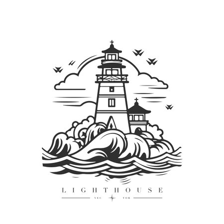 Lighthouse in the ocean on the small rocky island vector logo emblem. Lighthouse tower mascot.のイラスト素材