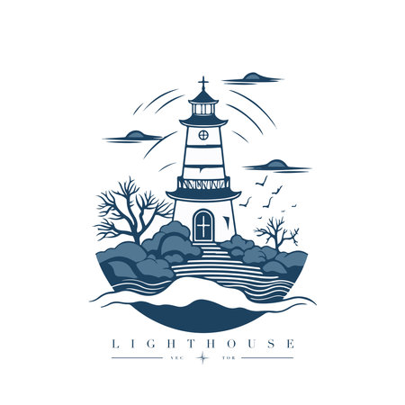 Lighthouse in the ocean on the small rocky island vector logo emblem. Lighthouse tower mascot.のイラスト素材