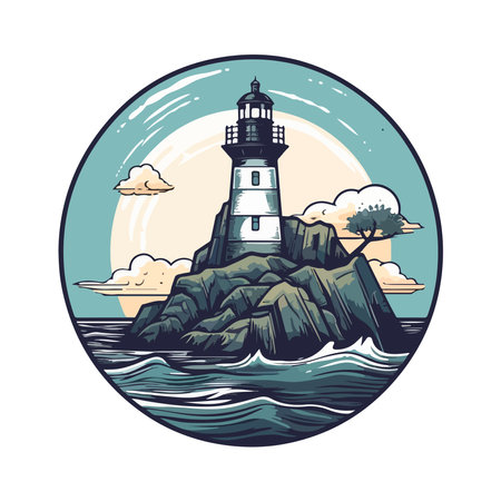 Lighthouse in the ocean on the small rocky island vector logo emblem. Lighthouse tower mascotのイラスト素材