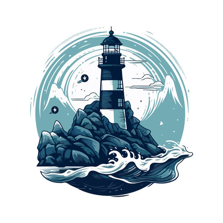 Lighthouse in the ocean on the small rocky island vector logo emblem. Lighthouse tower mascotのイラスト素材
