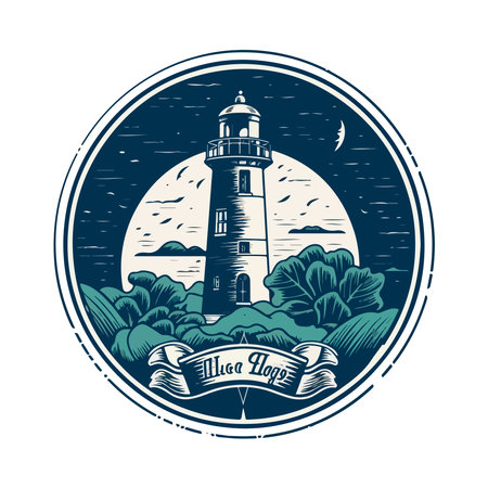 Lighthouse in the ocean on the small rocky island vector logo emblem. Lighthouse tower mascotのイラスト素材