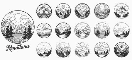 Mountain vector emblem logo templates collection. Mountain, forest and sun vector illustrationのイラスト素材