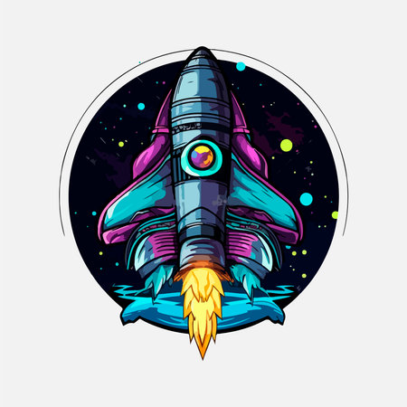 starship logo. Space satellite retro shuttle moon discovery logotypes of observatory vector badges isolated. Shuttle and satellite, spaceship and rocket adventure illustration.のイラスト素材