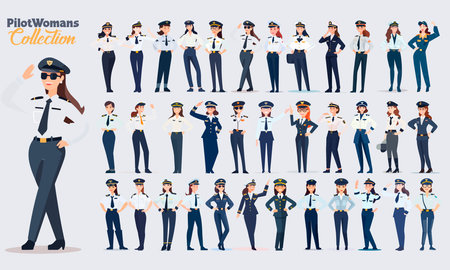 Young beautiful vector pilot woman figures collection. Set of vector girls.のイラスト素材