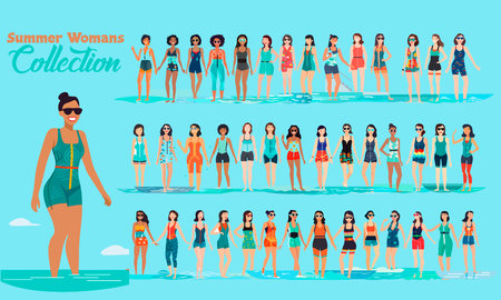 Young beautiful vector woman figures in swimming suit collection. Set of vector girls.のイラスト素材