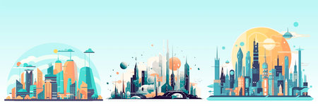Abstract flat vector illustration of futuristic sky cityのイラスト素材