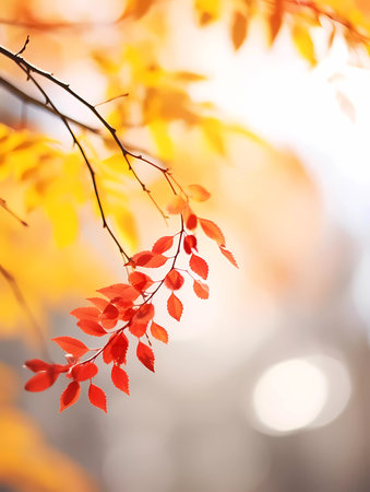Autumn background with yellow and red leaves. Autumnal background, good for advertising or bannersの素材