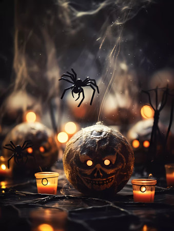 Halloween decorations background. Pumpkins on a dark background. Holiday Halloween.の素材