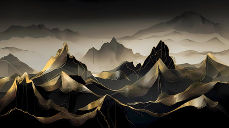 Modern abstract art. Landscape with mountains in black and gold colors. AI generative.の素材