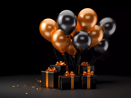 A greetings banner or postcard with black and orange air balloons on black background. Celebration day.の素材
