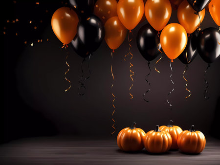 A greetings Halloween banner or postcard with black and orange air balloons on black background. Celebration day.の素材