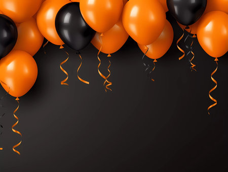 A greetings banner or postcard with black and orange air balloons on black background. Celebration day.の素材