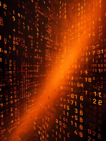 Computer background with orange digits and symbols on a black background.の素材
