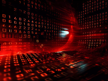 Computer background with red digits and symbols on a black background.の素材
