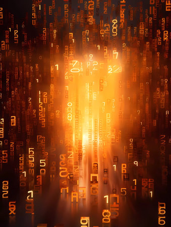 Computer background with orange digits and symbols on a black background.の素材