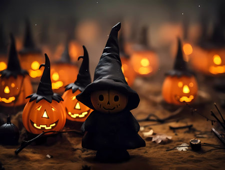 Autumn Halloween decorations wit a cute little felt toy pumpkins. Halloween Pumpkins on a dark background. Autumn Holiday Halloween.の素材