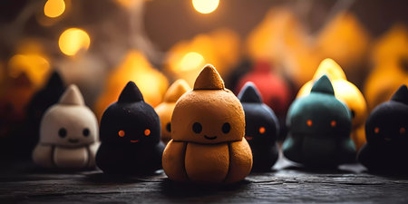 Autumn Halloween decorations wit a cute little felt toy pumpkins. Halloween Pumpkins on a dark background. Autumn Holiday Halloween.の素材