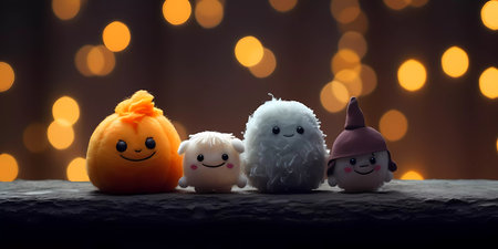 Autumn Halloween decorations wit a cute little felt toy pumpkins. Halloween Pumpkins on a dark background. Autumn Holiday Halloween.の素材