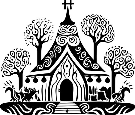 Vector ornamental traditional decorative house illustration. Abstract historical mythology cabin logo. Good for print or tattoo.のイラスト素材