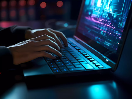 Humans hand typing on laptop keyboard. Blured dark cyber background. Business concept image.の素材