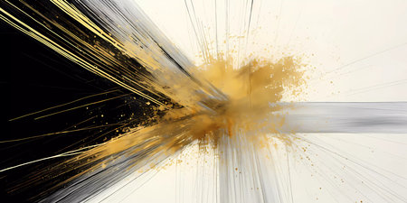 An abstract textured painting art background with white, gold and black colors. Interior decoration, wallpaper pattern.の素材