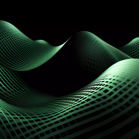 Green Wave of dots and weave lines. Abstract background. Network connection structure.の素材