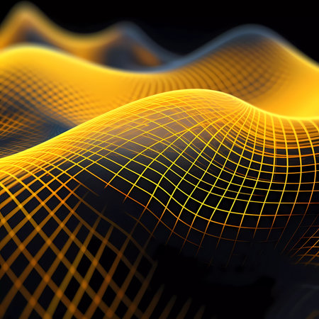 Yellow Wave of dots and weave lines. Abstract background. Network connection structure.の素材