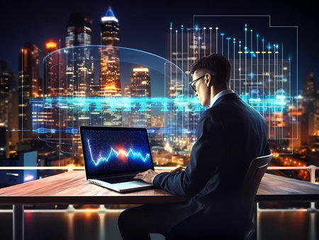 Businessman working on laptop, man freelancer with computer in cafe at table. Business concept image.の素材