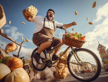 Funny picture of body positive man, fat riding fast on bike, he is happy and screamingの素材