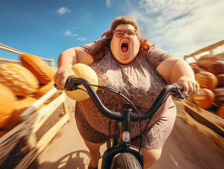 Funny picture of body positive, fat woman riding fast on bike, he is happy and screamingの素材