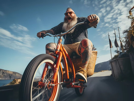 Funny picture of body positive tattoo man riding fast on bike, he is happy and screamingの素材