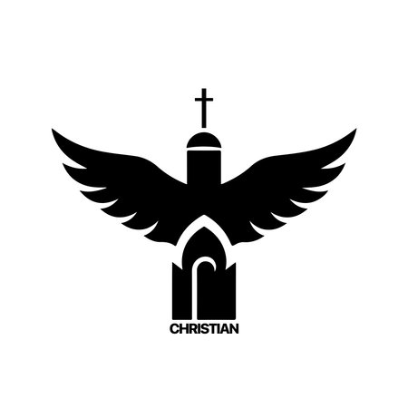 Christian Logo template with church, temple and dove wings. Black and white christian symbol. Pigeon wings and church tower logotypeのイラスト素材