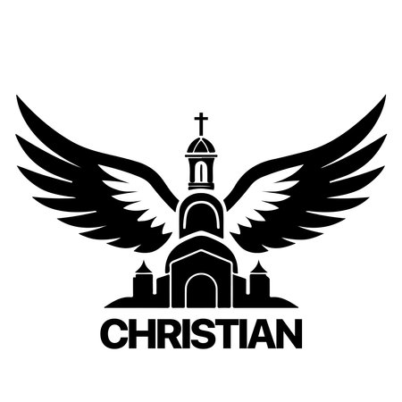 Christian Logo template with church, temple and dove wings. Black and white christian symbol. Pigeon wings and church tower logotype.のイラスト素材