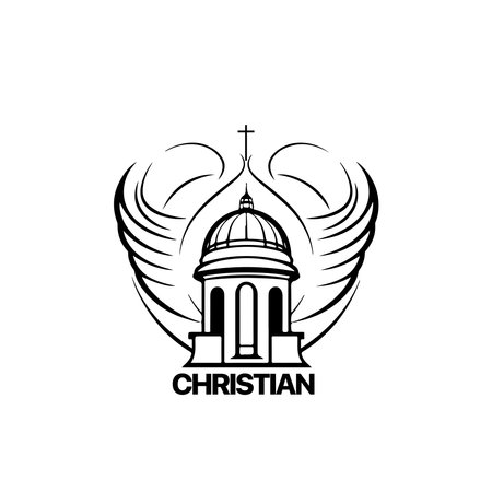 Christian Logo template with church, temple and dove wings. Black and white christian symbol. Pigeon wings and church tower logotype.のイラスト素材