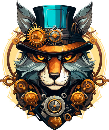 Steampunk Wolf logo emblem template. Colored vintage whimsical steam punk wolf mascot.のイラスト素材