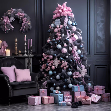 A pleasant living area with a Christmas decorations, a Christmas tree that has been decorated, and a variety of holiday accents.の素材
