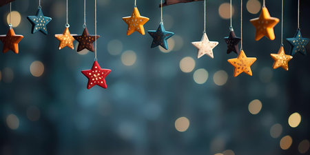 Christmas decorations. Cute little figures, stars, houses, trees. Whimsical shrismas atmosphere.の素材