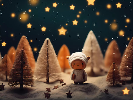 Chrismas decorations on a white snow. Cute little figures, stars, houses, trees. Whimsical shrismas atmosphere.の素材