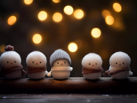 Chrismas decorations on a wooden table. Cute little figures, stars, houses, trees. Whimsical shrismas atmosphere.の素材