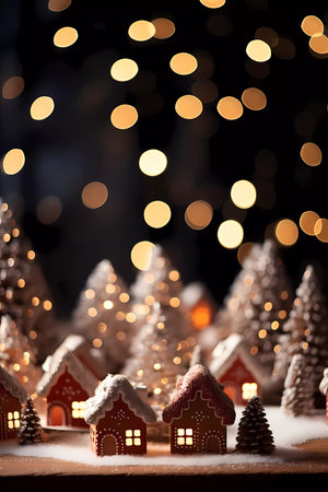 Chrismas decorations on a wooden table. Cute little figures, stars, houses, trees. Whimsical shrismas atmosphere.の素材