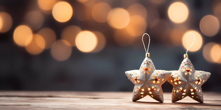 Chrismas decorations on a wooden table. Cute little figures, stars, houses, trees. Whimsical shrismas atmosphere.の素材